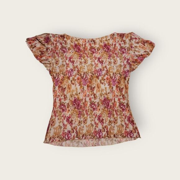 Vintage Y2k A. Byer orange floral print slightly sheer flutter sleeve shirt - Picture 2 of 4